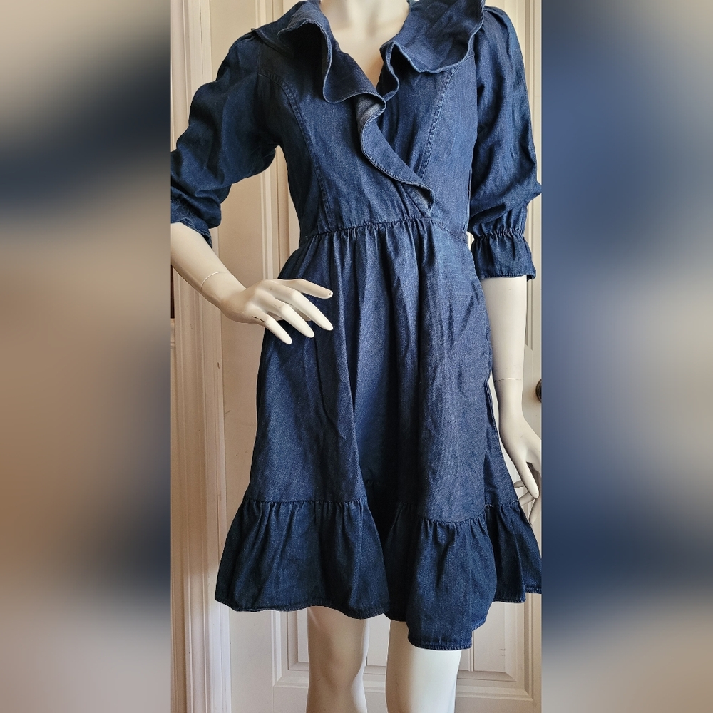 Vintage 80s Indigo Blue Denim Prairie Ruffle Dress XS